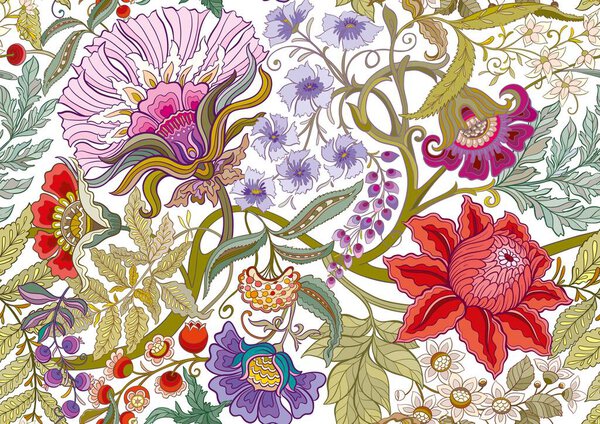 Fantasy flowers in retro, vintage, jacobean embroidery style. Seamless pattern, background. Vector illustration.