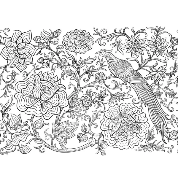 Фантазия Цветы Фазана Птицы Ретро Винтажный Китайский Шелк Бархатной Вышивкой — стоковый вектор
