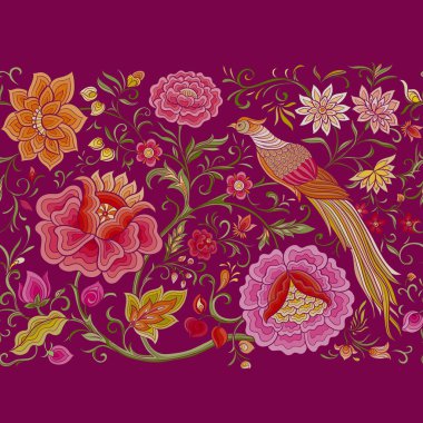 Fantezi çiçekler ve nostaljik sülün kuşu, eski moda, kadife işlemeli Çin ipeği. Kusursuz desen, arka plan. Vektör illüstrasyonu.