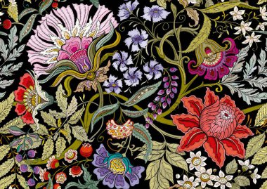 Eski moda fantezi çiçekleri, eski moda, jakoben nakış tarzı. Kusursuz desen, arka plan. Vektör illüstrasyonu.