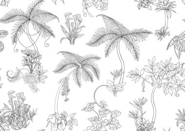 Tropik bitkiler ve çiçekler. Dikişsiz desen, arka plan. Vektör çizim