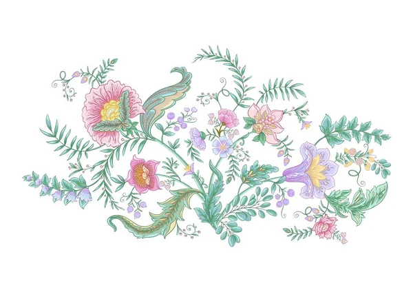 Fantasy Flowers Retro Vintage Jacobean Bordir Style Klip Art Set - Stok Vektor