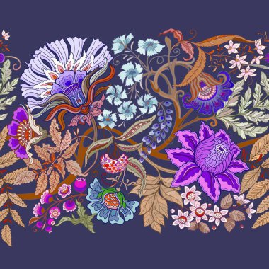 Eski moda fantezi çiçekleri, eski moda, jakoben nakış tarzı. Kusursuz desen, arka plan. Vektör illüstrasyonu.