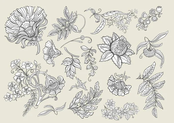 具有复古风格 复古风格 茄子绣花风格的幻想花朵 剪贴画 设计矢量图解的一组元素 — 图库矢量图片