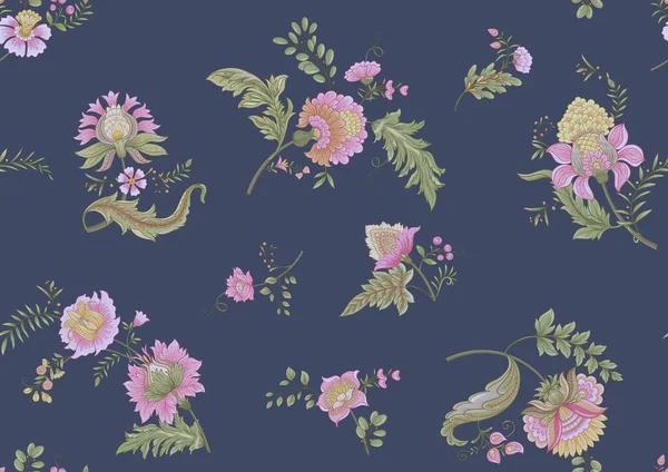 レトロ ヴィンテージ ジャコビアン刺繍スタイルのファンタジー花 シームレスなパターン ベクターイラスト — ストックベクタ