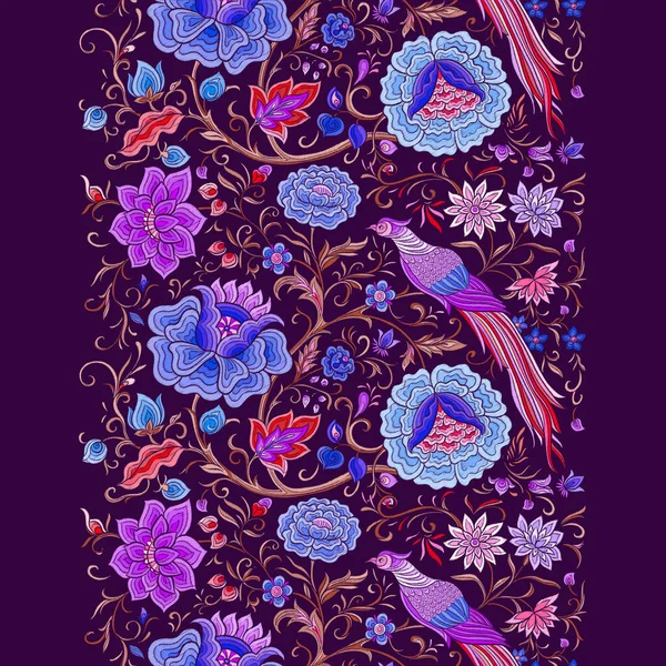 Fantasy Flowers Pheasant Bird Retro Vintage Chinese Silk Velvet Embroidery — Stockvektor