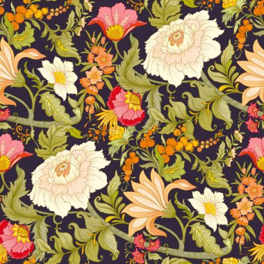 Yeni sanat tarzında fantezi çiçekler, klasik, eski, eski tarz. Kusursuz desen, arka plan. Vektör illüstrasyonu.