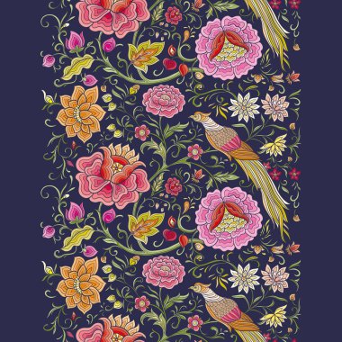 Fantezi çiçekler ve nostaljik sülün kuşu, eski moda, kadife işlemeli Çin ipeği. Kusursuz desen, arka plan. Vektör illüstrasyonu.