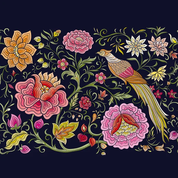 Fantasy Flowers Pheasant Bird Retro Vintage Chinese Silk Velvet Embroidery — Archivo Imágenes Vectoriales