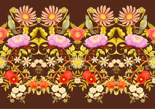 レトロ ヴィンテージ ジャコビアン刺繍スタイルのファンタジーの花や鳥 ミルフラーズのシームレスなパターン ベクトルイラスト — ストックベクタ