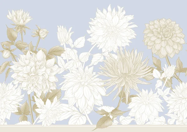 Dahlias Flowers Outline Coloured Style Seamless Pattern Background Vector Illustration — Vetor de Stock