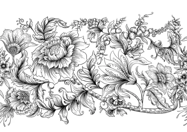 アールヌーボー様式 ヴィンテージ レトロなスタイルの幻想的な花 シームレスなパターン ベクターイラスト — ストックベクタ