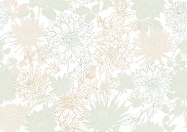 Dahlias flowers, outline and coloured style Seamless pattern, background. Vector illustration. In botanical style