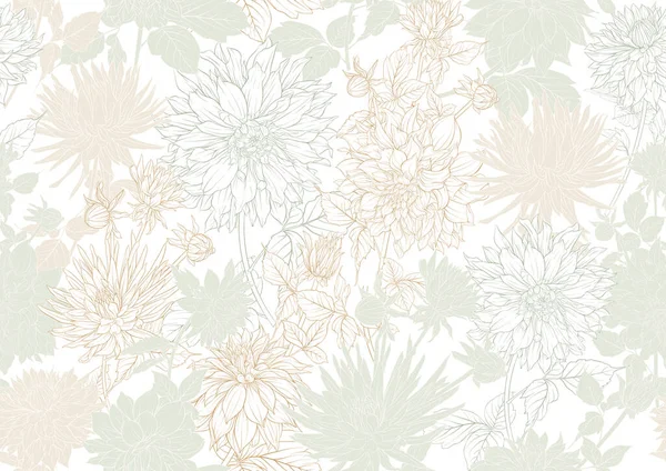 Dahlias Flowers Outline Coloured Style Seamless Pattern Background Vector Illustration — Stockvektor