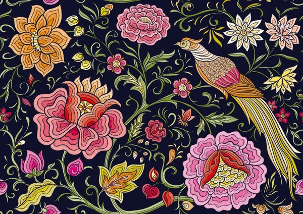 Fantasy Flowers Pheasant Bird Retro Vintage Chinese Silk Velvet Embroidery — 스톡 벡터