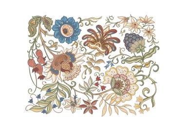 Eski moda fantezi çiçekleri, eski moda, jakoben nakış tarzı. Millefleur 'ların moda çiçek tasarımı. Clip sanatı, tasarım Vektörü illüstrasyonu için elementler kümesi.
