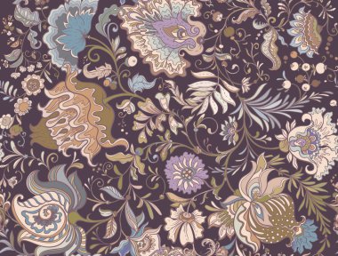 Eski moda fantezi çiçekleri, eski moda, jakoben nakış tarzı. Kusursuz desen, arka plan. Vektör illüstrasyonu.