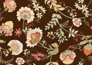 Eski moda fantezi çiçekleri, eski moda, jakoben nakış tarzı. Kusursuz desen, arka plan. Vektör illüstrasyonu.