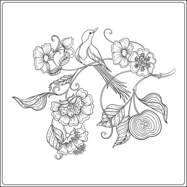 Fantezi çiçekler ve kuş, dekoratif çiçekler ve yapraklar sanat tarzında yeni moda, eski, eski tarz. Yetişkin boyama kitabı için boyama sayfası. Vektör illüstrasyonu.