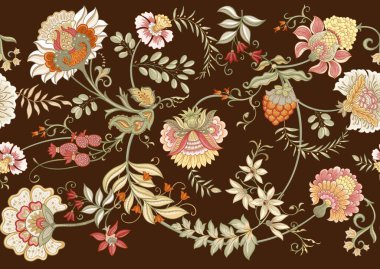 Eski moda fantezi çiçekleri, eski moda, jakoben nakış tarzı. Kusursuz desen, arka plan. Vektör illüstrasyonu.