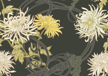 Kasımpatı dekoratif çiçekler ve yapraklar sanat tarzında yeni moda, klasik, eski, eski tarz. Kusursuz desen, arka plan. Vektör illüstrasyonu.