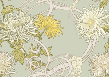 Kasımpatı dekoratif çiçekler ve yapraklar sanat tarzında yeni moda, klasik, eski, eski tarz. Kusursuz desen, arka plan. Vektör illüstrasyonu.