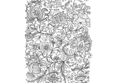 Eski moda fantezi çiçekleri, eski moda, jakoben nakış tarzı. Kusursuz desen, arka plan. Taslak, vektör illüstrasyonu.