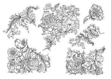 Eski moda fantezi çiçekleri, eski moda, jakoben nakış tarzı. Clip sanatı, tasarım Vektörü illüstrasyonu için elementler kümesi.