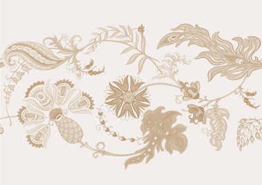 Eski moda fantezi çiçekleri, eski moda, jakoben nakış tarzı. Kusursuz kenar deseni, doğrusal süs, kurdele vektörü illüstrasyonu.