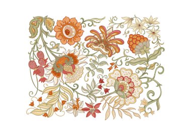 Eski moda fantezi çiçekleri, eski moda, jakoben nakış tarzı. Millefleur 'ların moda çiçek tasarımı. Clip sanatı, tasarım Vektörü illüstrasyonu için elementler kümesi.