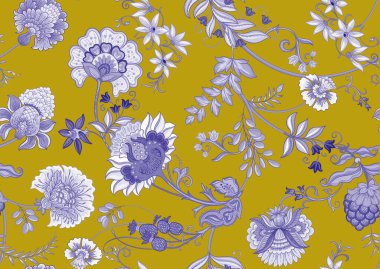 Eski moda fantezi çiçekleri, eski moda, jakoben nakış tarzı. Kusursuz desen, arka plan. Vektör illüstrasyonu.