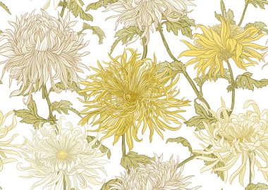 Kasımpatı dekoratif çiçekler ve yapraklar sanat tarzında yeni moda, klasik, eski, eski tarz. Kusursuz desen, arka plan. Vektör illüstrasyonu.