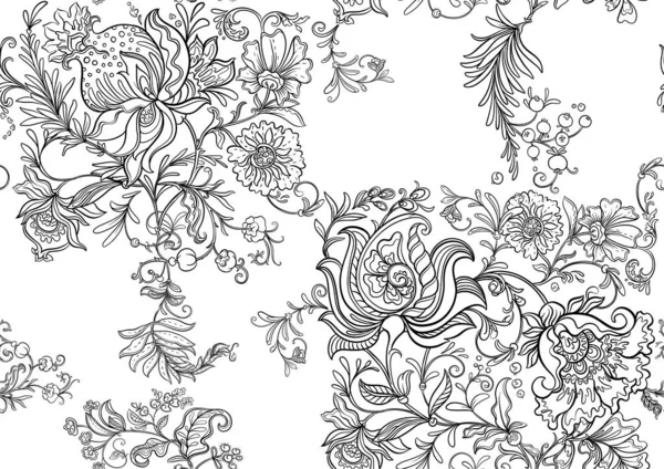 Eski moda fantezi çiçekleri, eski moda, jakoben nakış tarzı. Kusursuz desen, arka plan. Taslak, vektör illüstrasyonu.