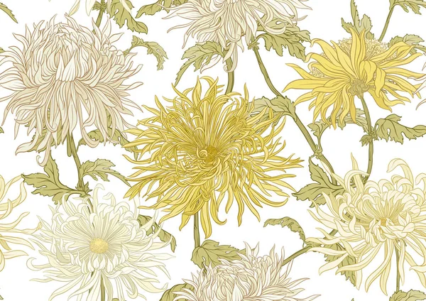 Kasımpatı dekoratif çiçekler ve yapraklar sanat tarzında yeni moda, klasik, eski, eski tarz. Kusursuz desen, arka plan. Vektör illüstrasyonu.