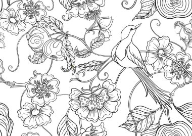 Fantezi elma, çiçekler ve kuş, dekoratif çiçekler ve yapraklar sanat tarzında yeni moda, eski, eski tarz. Kusursuz kenar deseni, doğrusal süs, kurdele vektörü illüstrasyonu. 