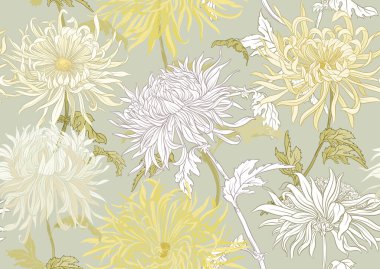 Kasımpatı dekoratif çiçekler ve yapraklar sanat tarzında yeni moda, klasik, eski, eski tarz. Kusursuz desen, arka plan. Vektör illüstrasyonu.