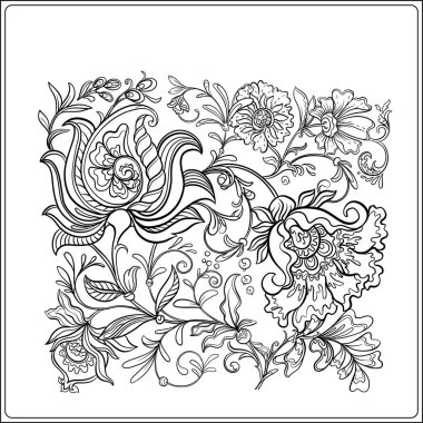 Fantezi çiçekler ve kuş, dekoratif çiçekler ve yapraklar sanat tarzında yeni moda, eski, eski tarz. Yetişkin boyama kitabı için boyama sayfası. Vektör illüstrasyonu.