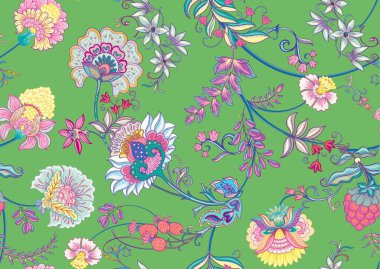 Eski moda fantezi çiçekleri, eski moda, jakoben nakış tarzı. Kusursuz desen, arka plan. Vektör illüstrasyonu.