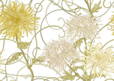 Kasımpatı dekoratif çiçekler ve yapraklar sanat tarzında yeni moda, klasik, eski, eski tarz. Kusursuz desen, arka plan. Vektör illüstrasyonu.