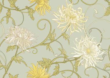 Kasımpatı dekoratif çiçekler ve yapraklar sanat tarzında yeni moda, klasik, eski, eski tarz. Kusursuz desen, arka plan. Vektör illüstrasyonu.