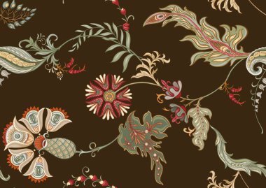 Eski moda fantezi çiçekleri, eski moda, jakoben nakış tarzı. Kusursuz desen, arka plan. Vektör illüstrasyonu.