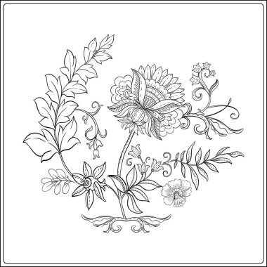 Fantezi çiçekler ve kuş, dekoratif çiçekler ve yapraklar sanat tarzında yeni moda, eski, eski tarz. Yetişkin boyama kitabı için boyama sayfası. Vektör illüstrasyonu.