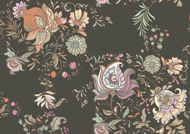 Eski moda fantezi çiçekleri, eski moda, jakoben nakış tarzı. Kusursuz desen, arka plan. Vektör illüstrasyonu.