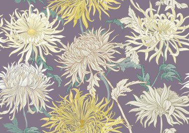 Kasımpatı dekoratif çiçekler ve yapraklar sanat tarzında yeni moda, klasik, eski, eski tarz. Kusursuz desen, arka plan. Vektör illüstrasyonu.