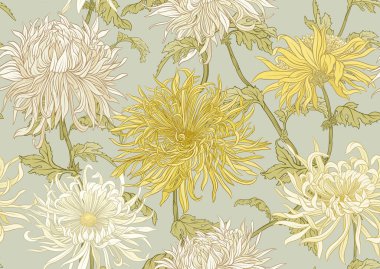 Kasımpatı dekoratif çiçekler ve yapraklar sanat tarzında yeni moda, klasik, eski, eski tarz. Kusursuz desen, arka plan. Vektör illüstrasyonu.