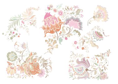 Eski moda fantezi çiçekleri, eski moda, jakoben nakış tarzı. Clip sanatı, tasarım Vektörü illüstrasyonu için elementler kümesi.