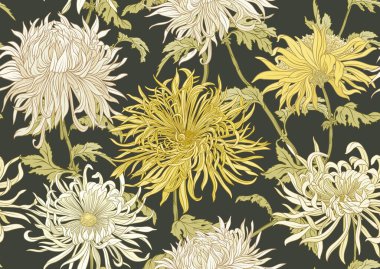 Kasımpatı dekoratif çiçekler ve yapraklar sanat tarzında yeni moda, klasik, eski, eski tarz. Kusursuz desen, arka plan. Vektör illüstrasyonu.