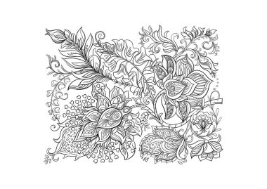 Eski moda fantezi çiçekleri, eski moda, jakoben nakış tarzı. Clip sanatı, tasarım Vektörü illüstrasyonu için elementler kümesi.