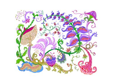 Fantezi, uzaylı hipnoz çiçekleri, dekoratif çiçekler ve yapraklar. Çizgi film tarzı. Millefleur 'ların moda çiçek tasarımı. Çizim sanatı, tasarım için elementler kümesi Ana hatlı el çizimi vektör illüstrasyonu.