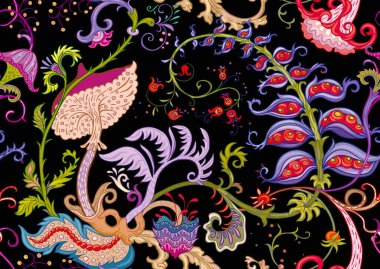 Fantezi, uzaylı hipnoz çiçekleri, dekoratif çiçekler ve yapraklar. Çizgi film tarzı. Millefleur 'ların moda çiçek tasarımı. Kusursuz desen, arka plan. El çizimi vektör illüstrasyonu.